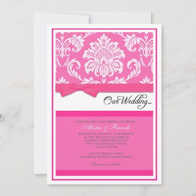 Invitación de la boda del damasco en fucsia (Anverso)