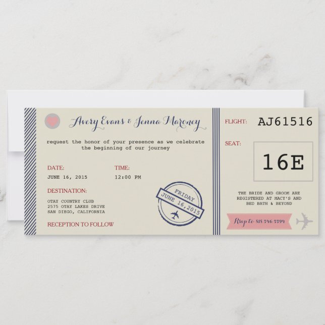 Invitación de la boda del destino del billete de (Anverso)