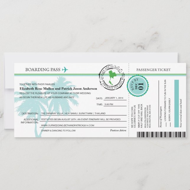 Invitación de la boda del documento de embarque de (Anverso)