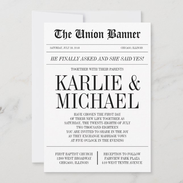 Invitación de la boda del estilo del periódico (Anverso)