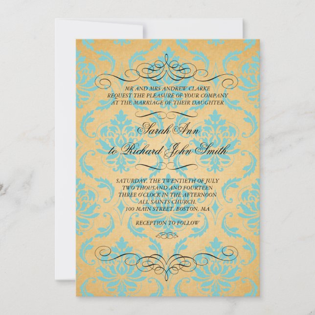 Invitación de la boda del Flourish del damasco de (Anverso)