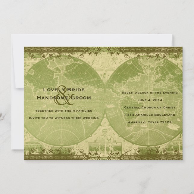 Invitación de la boda del mapa del mundo del oro (Anverso)