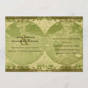 Invitación de la boda del mapa del mundo del oro