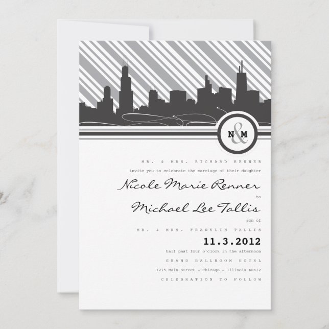 Invitación de la boda del monograma de Chicago (Anverso)