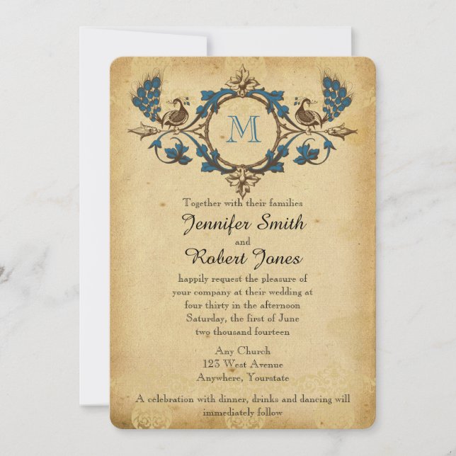 Invitación de la boda del monograma del pavo real (Anverso)