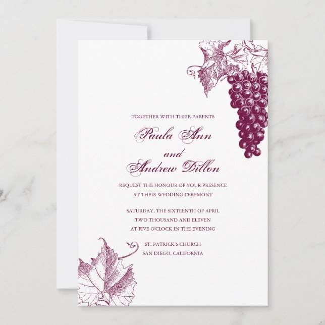 Invitación de la boda del país vinícola (Anverso)