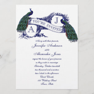 Invitación de la boda del pavo real de los azules