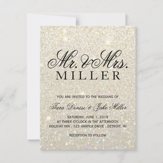 Invitación de la boda - purpurina del oro blanco (Anverso)