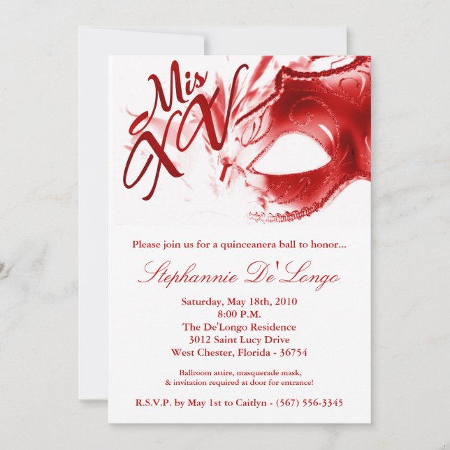 invitación de la bola de Quinceanera de la máscara (Anverso)