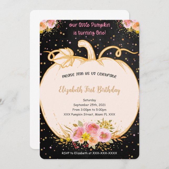 Invitación de la calabaza por primer cumpleaños (Anverso / Reverso)