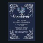 Invitación de la celebración de Menorah Jánuca del<br><div class="desc">Comience a su celebración de días festivos de la derecha con nuestra invitación azul elegante del fiesta de la celebración de Jánuca que ofrece un marco del vintage que muestra un menorah azul claro fijado en un fondo de los azules marinos con tipografía moderna. ¡Asegúrese de que todos sus amigos...</div>