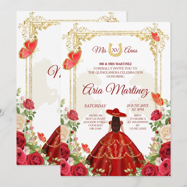 Invitación de la Chica mexicana de Vestido Rojo Qu (Anverso / Reverso)