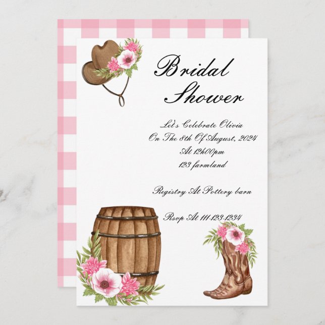 INVITACIÓN DE LA DUCHA BRIDAL DE COWBOY ROSA (Anverso / Reverso)