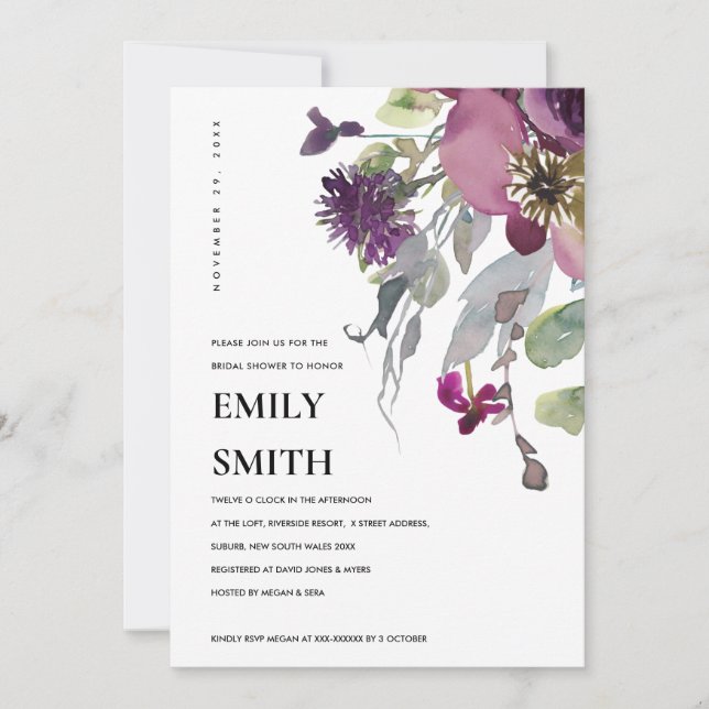 INVITACIÓN DE LA DUCHA BRIDAL DE LA FLORAL DE LILA (Anverso)