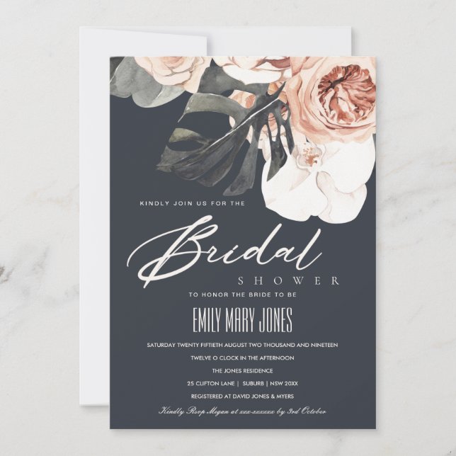 INVITACIÓN DE LA DUCHA BRIDAL DE LA FLORAL DE NAVY (Anverso)