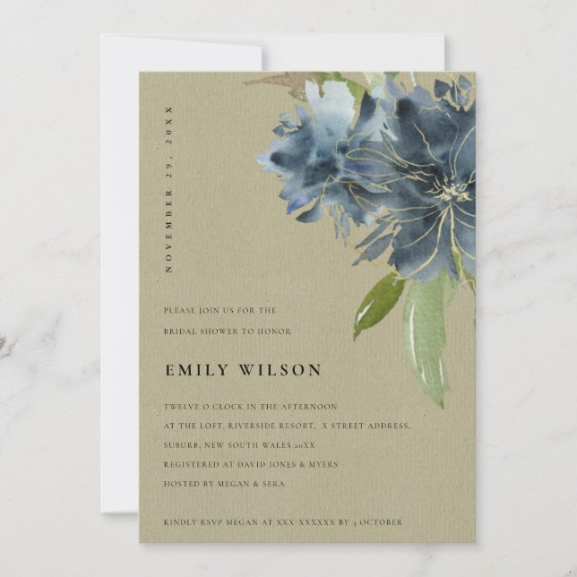 INVITACIÓN DE LA DUCHA BRIDAL DE LA FLORAL DE ORO  (Anverso)