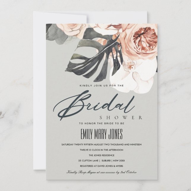 INVITACIÓN DE LA DUCHA BRIDAL DE LA FLORAL GRIS DE (Anverso)