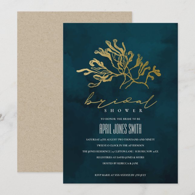 INVITACIÓN DE LA DUCHA BRIDAL DE LA NAVY ORO BAJO  (Anverso / Reverso)