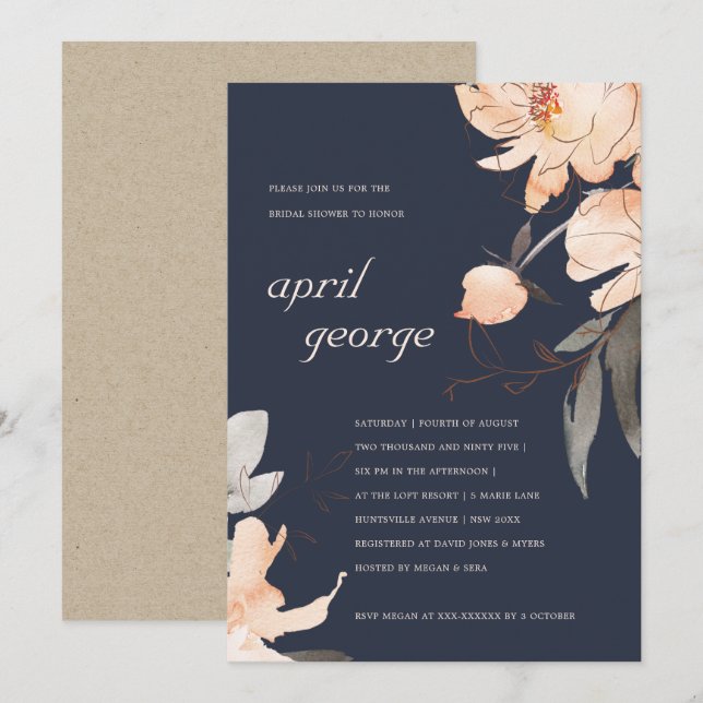 INVITACIÓN DE LA DUCHA BRIDAL FLORAL DE NAVY RUST  (Anverso / Reverso)