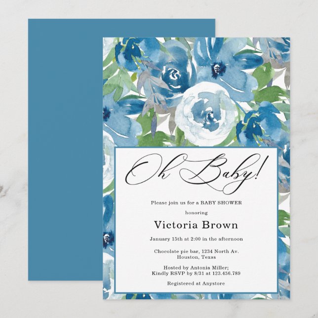 Invitación de la ducha de bebé Oh floral azul (Anverso / Reverso)