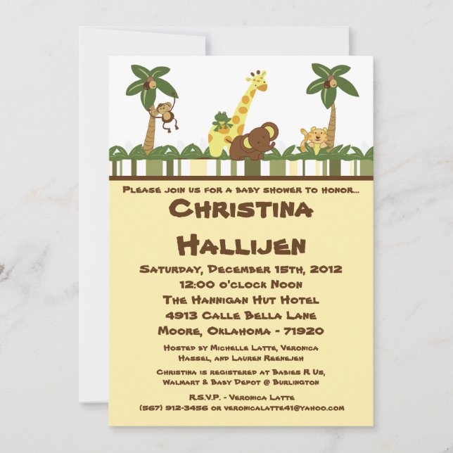invitación de la ducha de bebés de la selva 5x7 (Anverso)