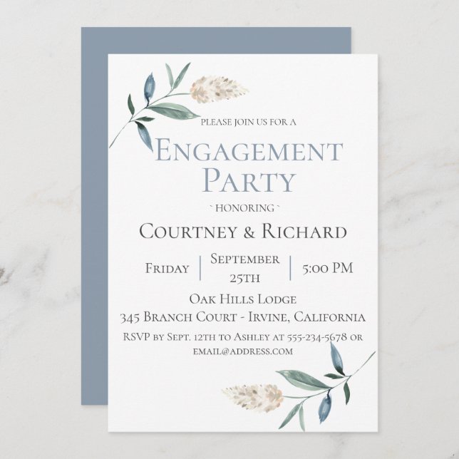 Invitación de la Dusty Blue Botanical Engagement P (Anverso / Reverso)