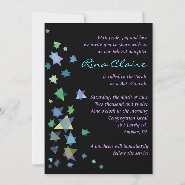 Invitación de la estrella de David Bar Bat Mitzvah (Anverso)