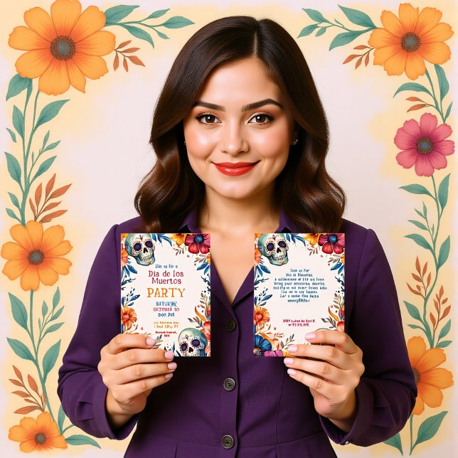 Invitación de la fiesta 💀 acuarela Día de Muertos (Watercolor Día de Muertos Party Invitation, customizable on both sides. printed or digital)