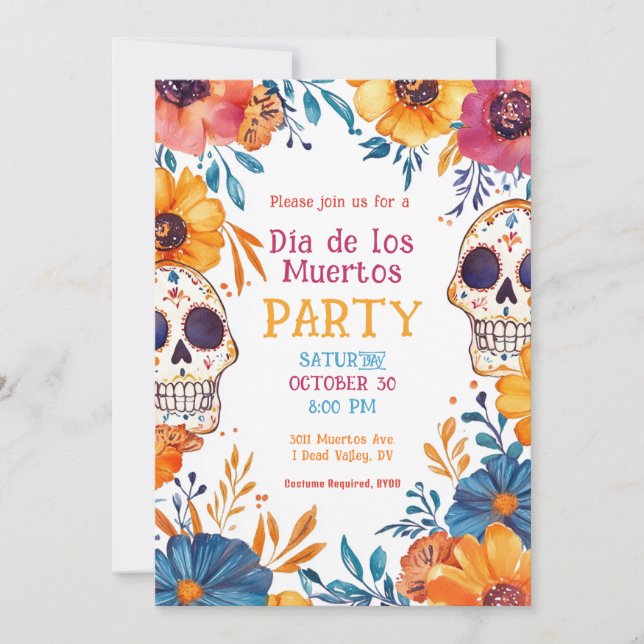Invitación de la fiesta 💀 acuarela Día de Muertos (Anverso)