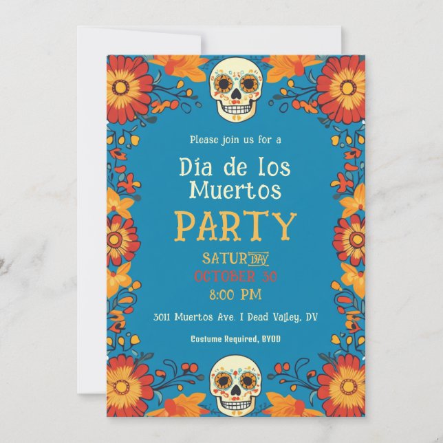 Invitación de la fiesta 💀 🎉 Blue Día de Muertos (Anverso)
