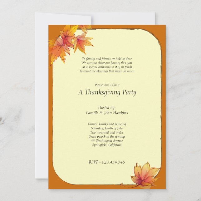 Invitación de la fiesta de Acción de Gracias Fall  (Anverso)