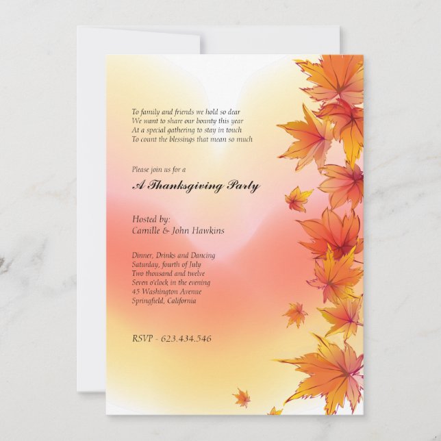 Invitación de la fiesta de Acción de Gracias Fall  (Anverso)