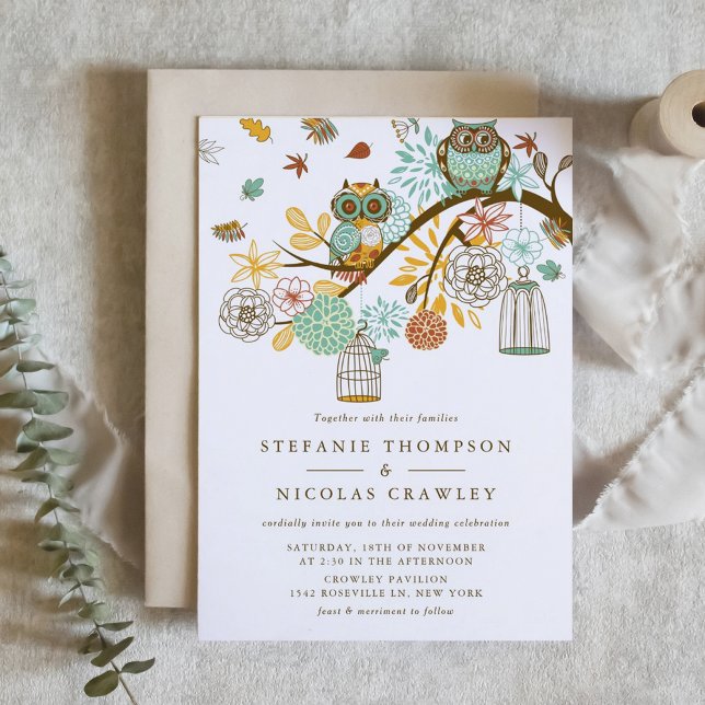 Invitación de la fiesta de compromiso de búhos de  (Ornate Owls and Autumn Flowers Wedding Invitation)