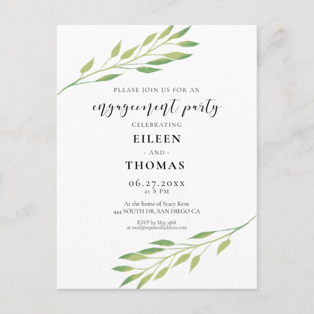Invitación de la fiesta de compromiso de hojas ver (Anverso)