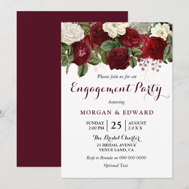 Invitación de la fiesta de compromiso floral blanc (Anverso / Reverso)