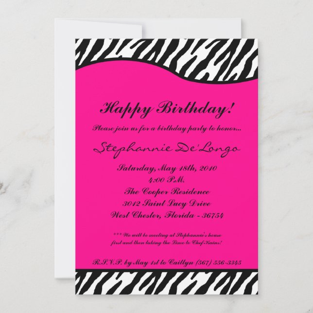 invitación de la fiesta de cumpleaños de la cebra (Anverso)