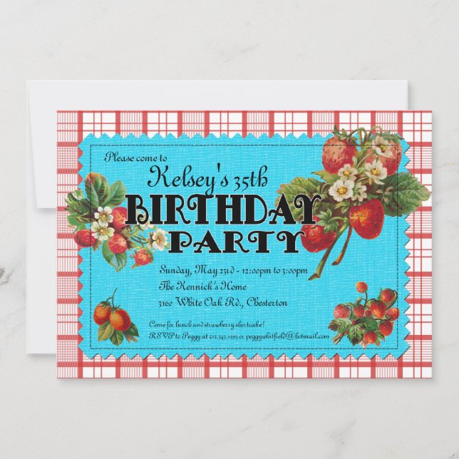 Invitación de la fiesta de cumpleaños de la fresa (Anverso)