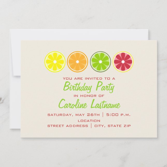 Invitación de la fiesta de cumpleaños de la fruta (Anverso)