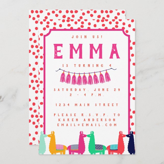 Invitación de la fiesta de cumpleaños de la llama (Anverso / Reverso)