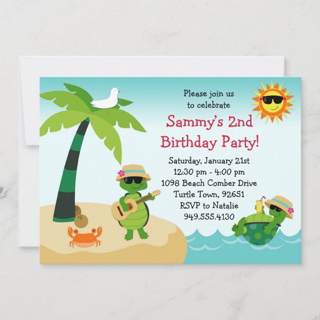 Invitación de la fiesta de cumpleaños de la playa (Anverso)