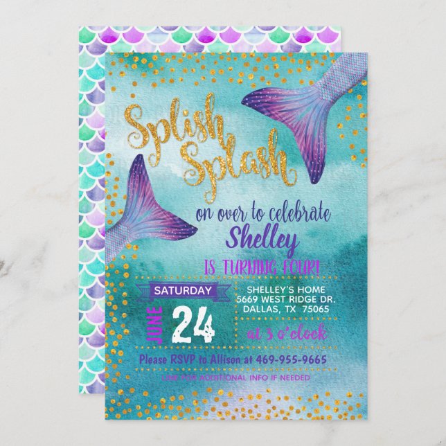 Invitación de la fiesta de cumpleaños de la sirena (Anverso / Reverso)