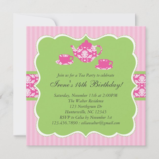 Invitación de la fiesta de cumpleaños de la tetera (Anverso)