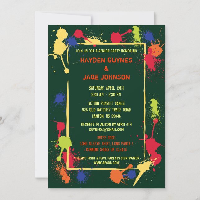 Invitación de la fiesta de cumpleaños de Paintball (Anverso)