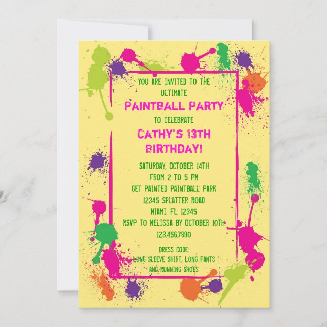 Invitación de la fiesta de cumpleaños de Paintball (Anverso)