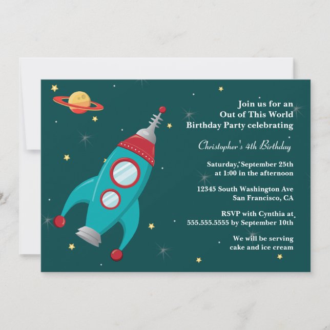 Invitación de la fiesta de cumpleaños del cohete (Anverso)