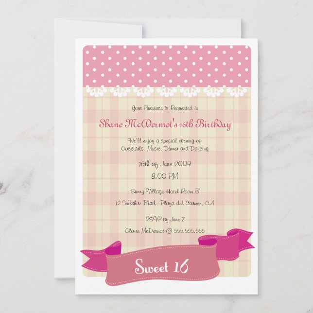 Invitación de la fiesta de cumpleaños del dulce 16 (Anverso)