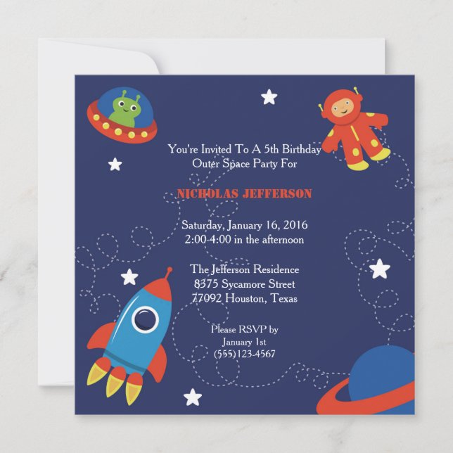 invitación de la fiesta de cumpleaños del espacio (Anverso)