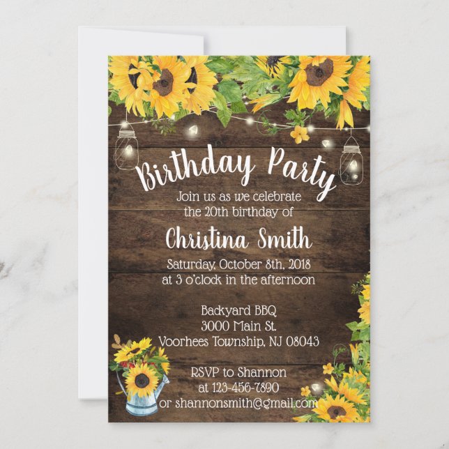 Invitación de la fiesta de cumpleaños del girasol (Anverso)
