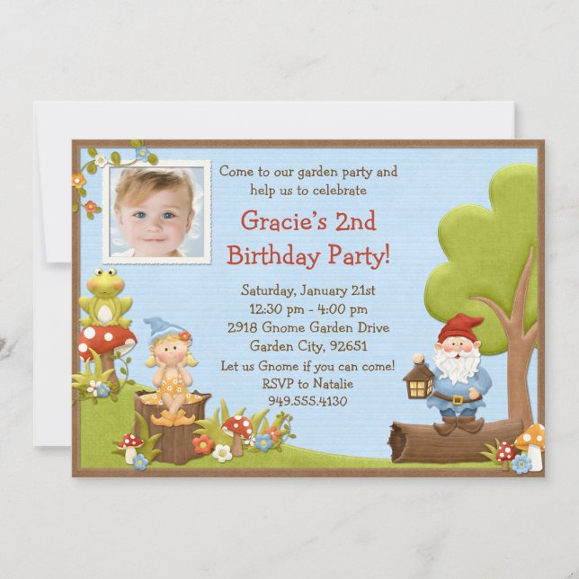 Invitación de la fiesta de cumpleaños del gnomo de (Anverso)