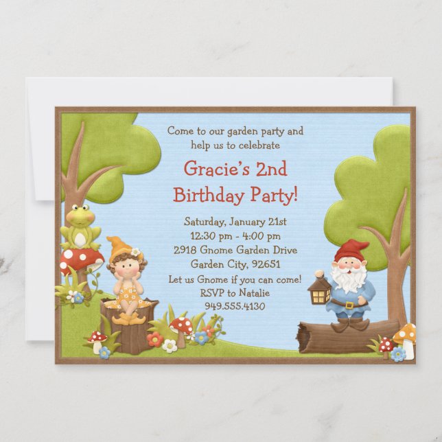 Invitación de la fiesta de cumpleaños del gnomo de (Anverso)